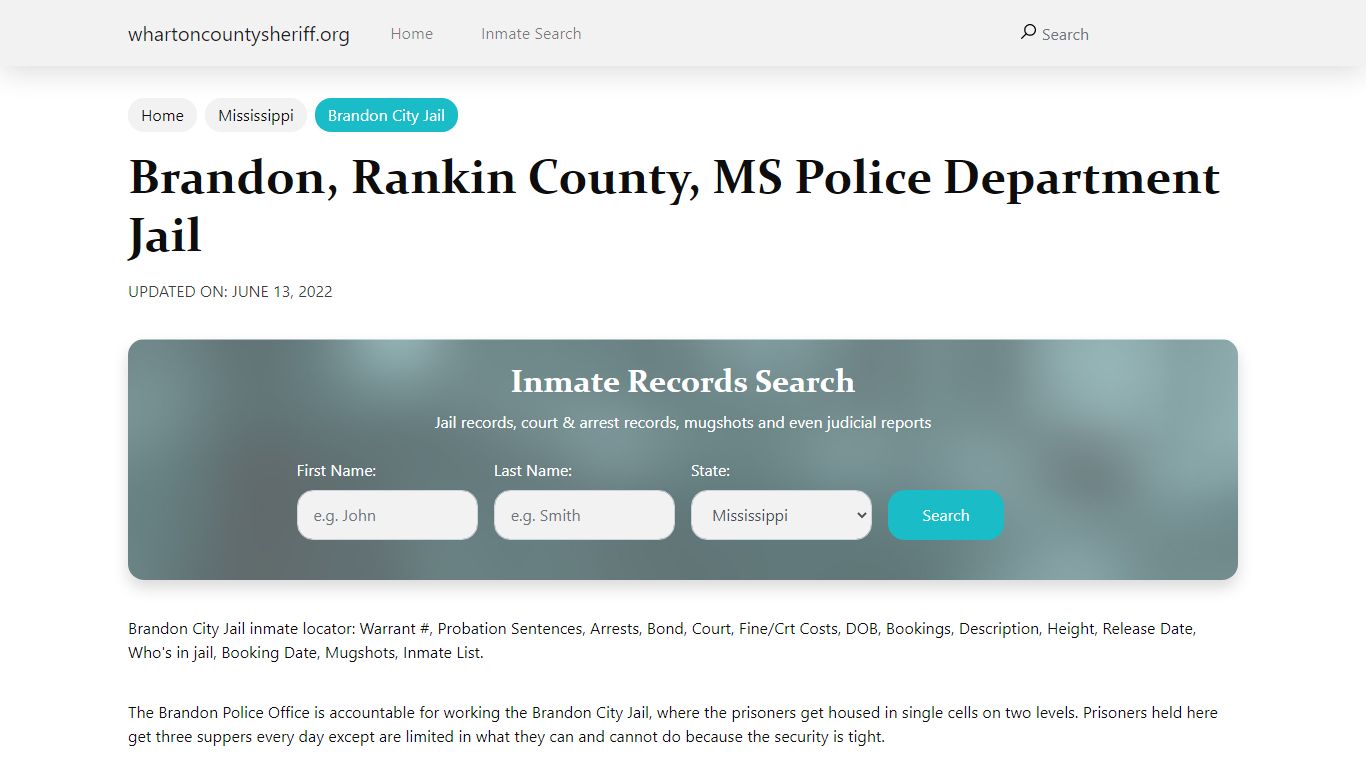 Brandon, MS City Jail Inmates, Arrests - Wharton County Sheriff